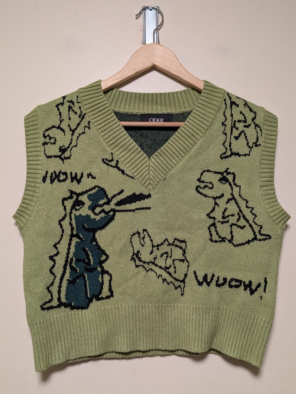 Cider Olive Green V-Neck Graphic Knit Sweater Vest with Black & Teal Accents
